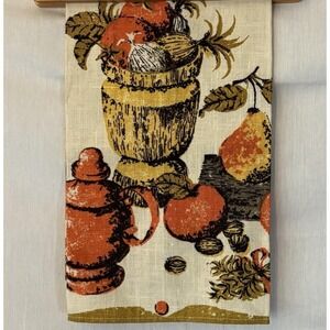Vintage Linen Blend Kitchen Tea Towel Fruit Coffee Pot Harvest Print Mid Century